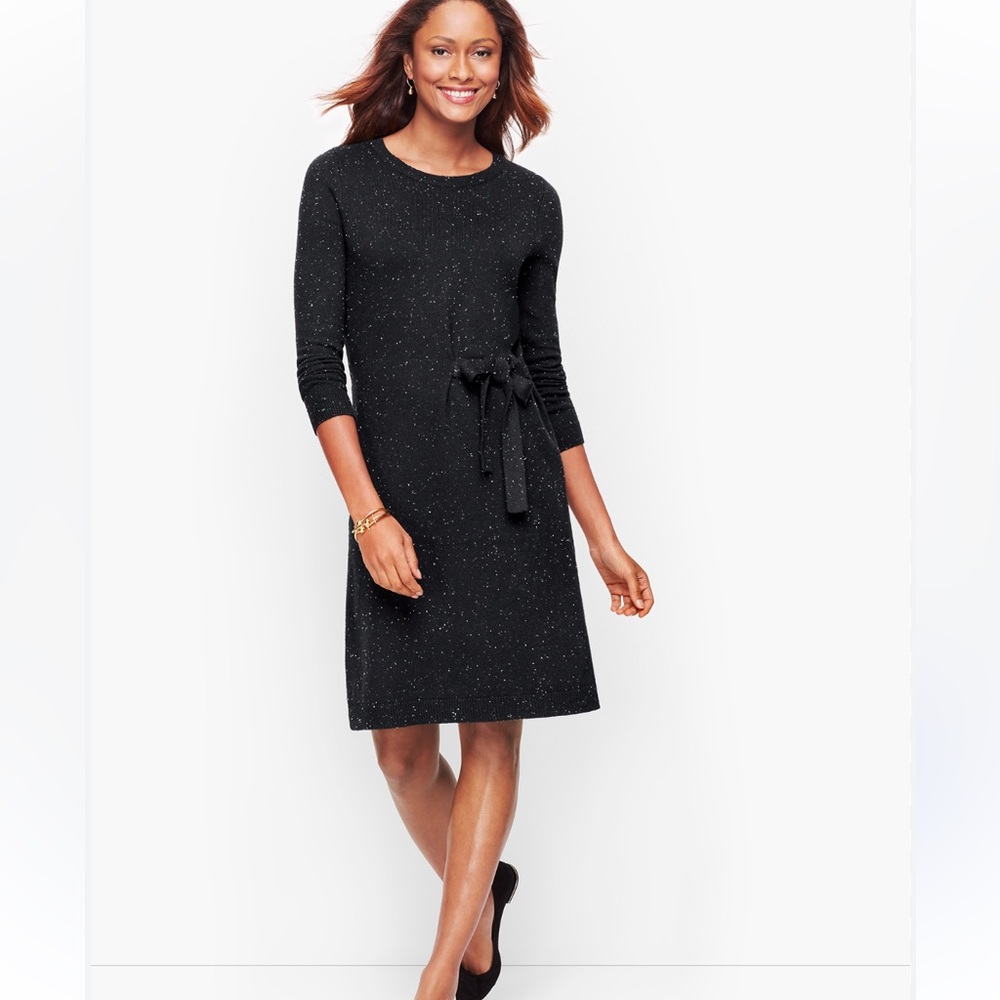 Ann Taylor Tweed Side Tie Sweater Dress Black Flecks Size Small